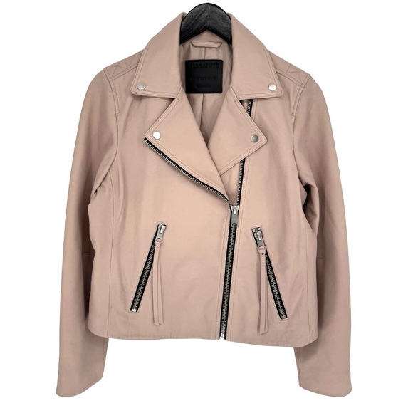 All Saints 8 Dalby Slim-Fit Leather‎ Biker Jacket Misty Pink Zipper Moto Boho - Picture 3 of 15